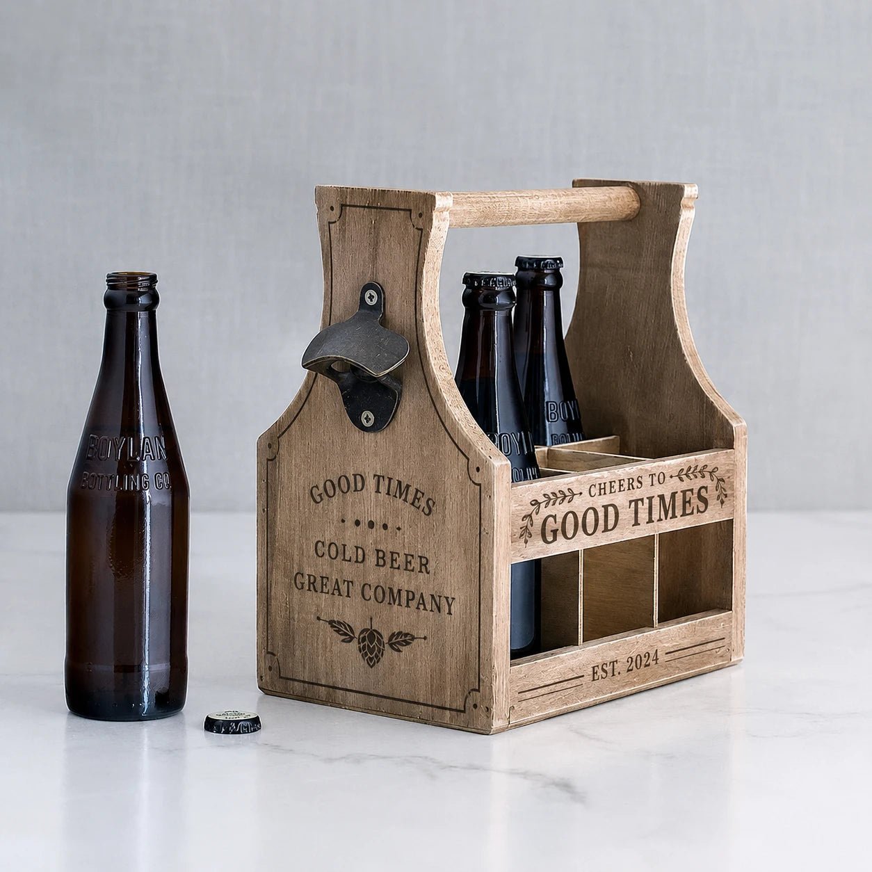 Personalised Wooden Beer Caddy with Bottle Opener - Pixel Burn Custom Laser Creations